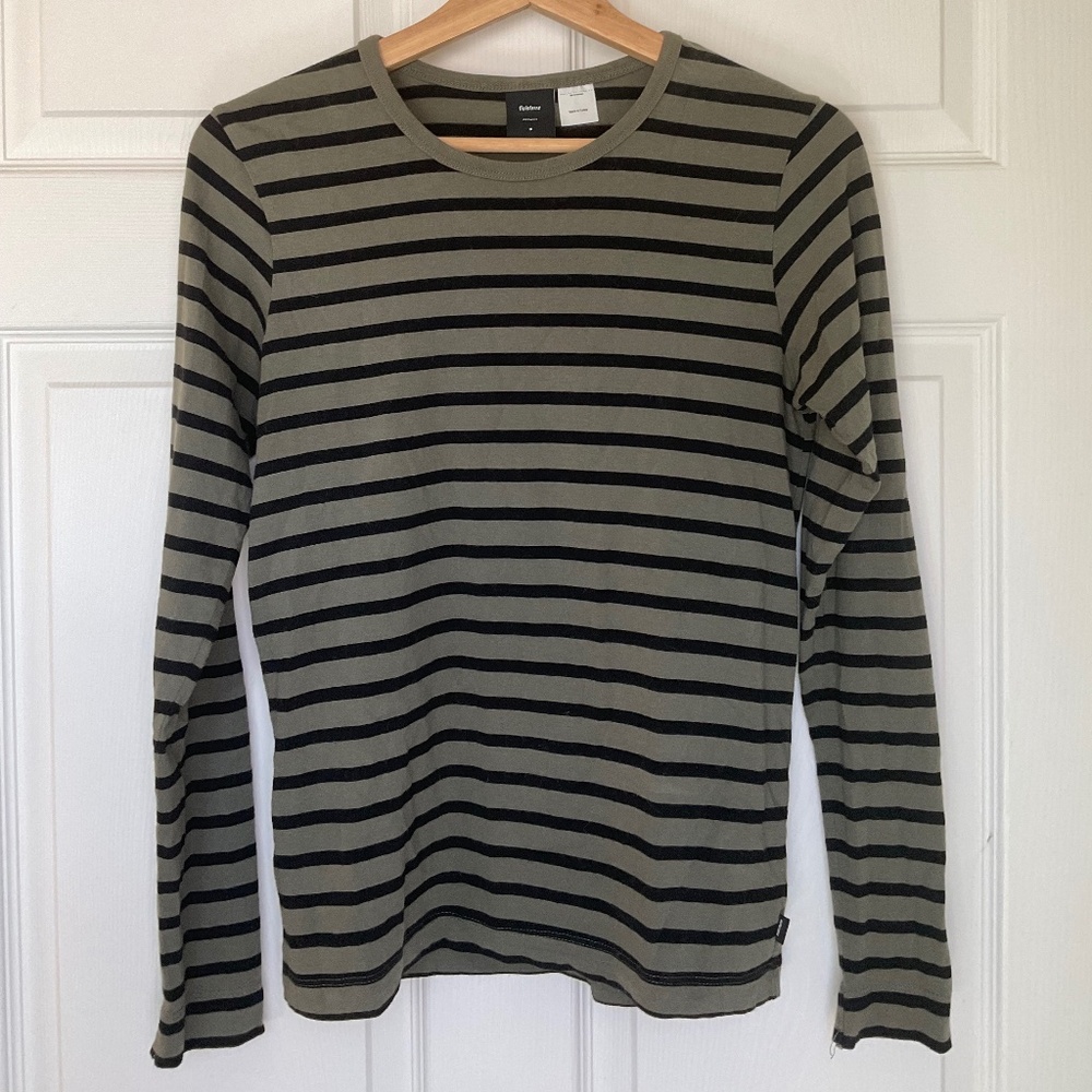 Finisterre Eldon olive black stripe organic cotton tshirt UK 8 / US 4